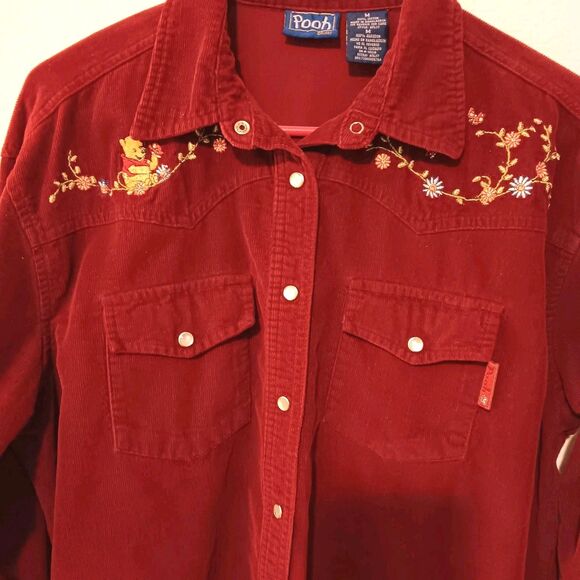 Vtg 90s Winnie The Pooh Embroidered Corduroy Western Snap Shirt Sz M Deep Red - Picture 3 of 12